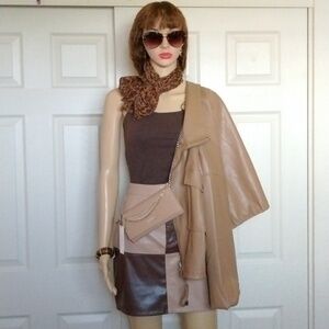T Tahari Leather Bomber /All in Favor leather patchwork skirt.
